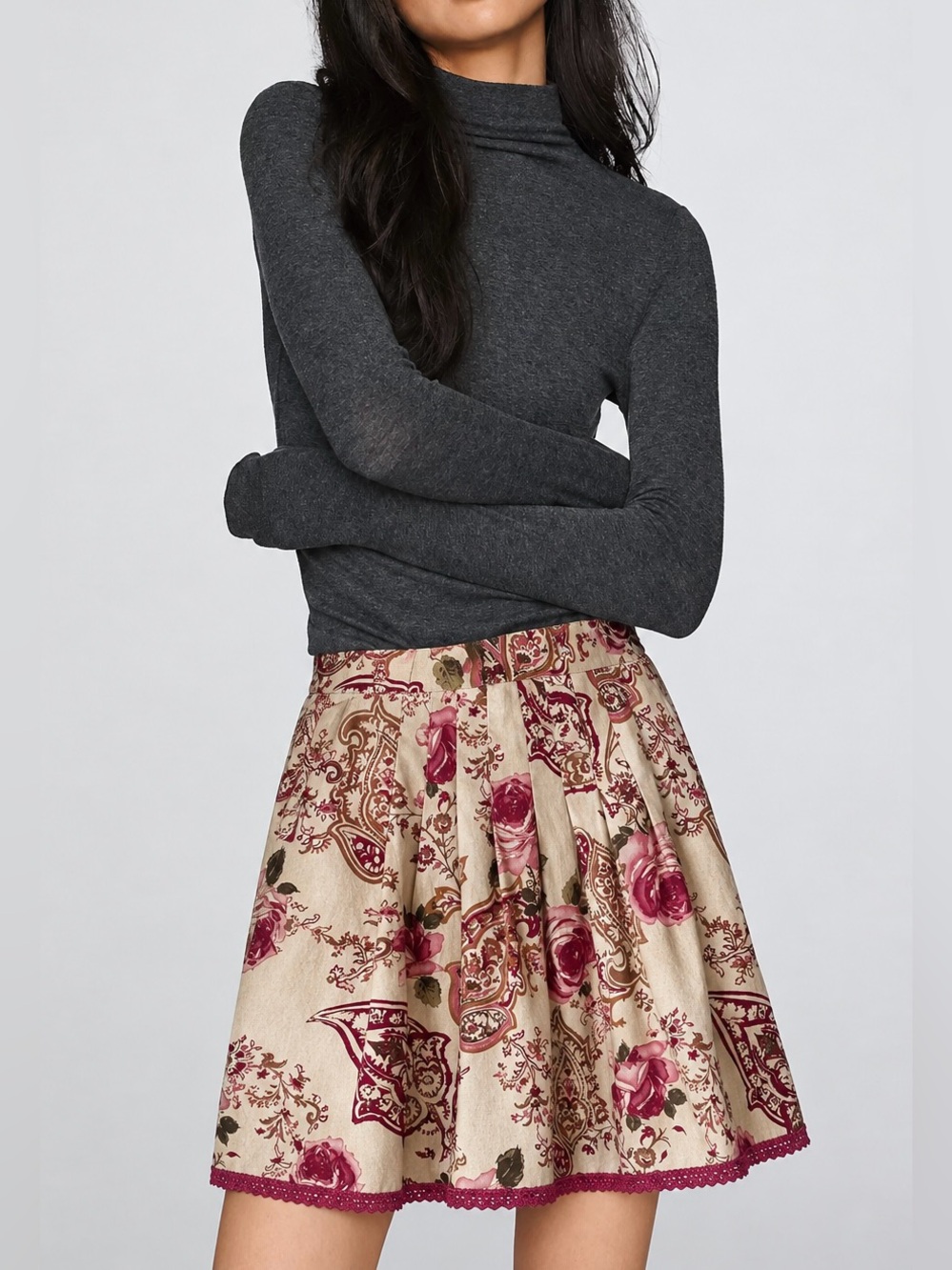 Charlotte Russe Tan Cranberry Paisley Floral Print Crochet Hem Skirt Size S